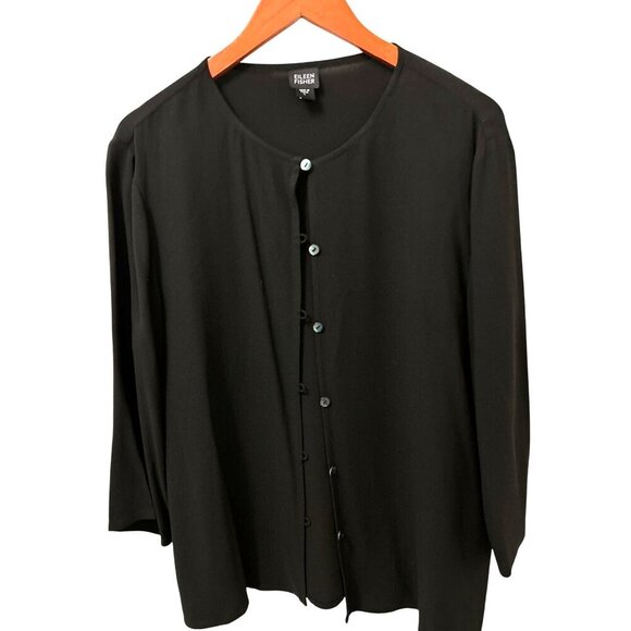 Eileen Fisher 100% Silk Black Button-Up Cardigan Blouse Long Sleeve Size Large - Picture 1 of 7